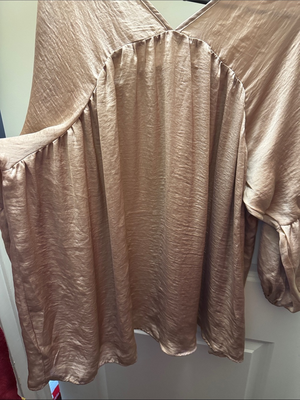 Satin V-Neck Balloon Sleeve Tunic in Blush Taupe - Picture 7 of 7